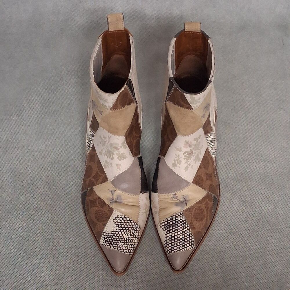 COACH Melody Ankle Boots Women's 9.5 B Beige Brown Patchwork - Picture 10 of 12